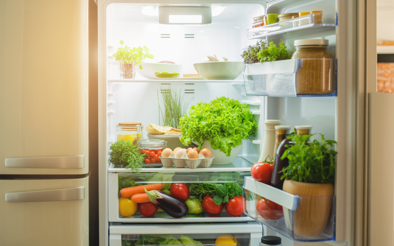 Fresh fridge full of colourful ingredients ready to be cooked